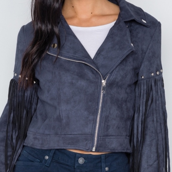 1 Left! Blue Fringe Faux Suede Jacket - Picture 6 of 7